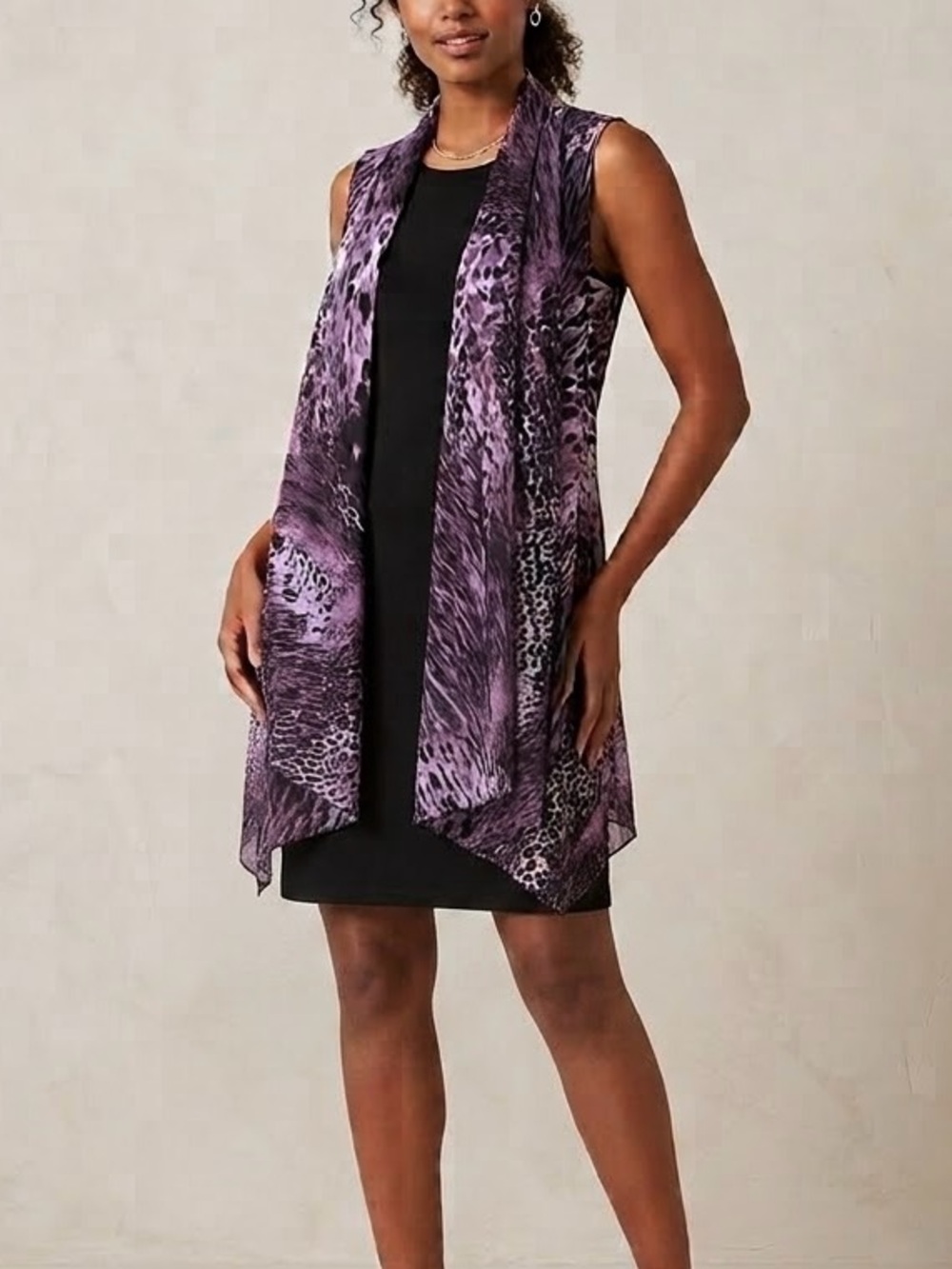 NEW Size M SLNY Purple Leopard Print Mock Two Piece Twofer Sheer Shawl Dress